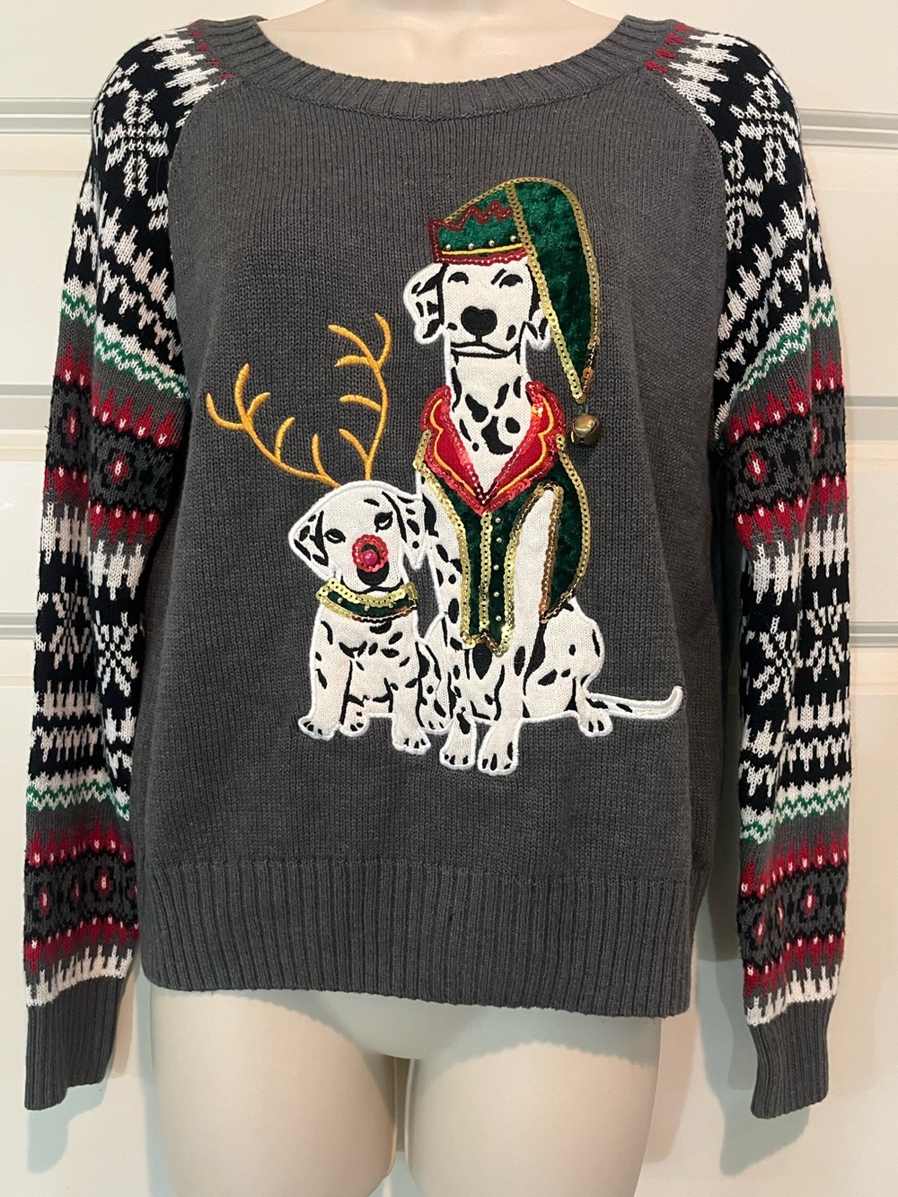 Ugly Christmas Sweater Dalmatian Reindeer Festive Crew Neck Sweater Size Small